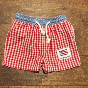 Red Gingham baby Swim Shorts with Smocked Flag Patch 12 months